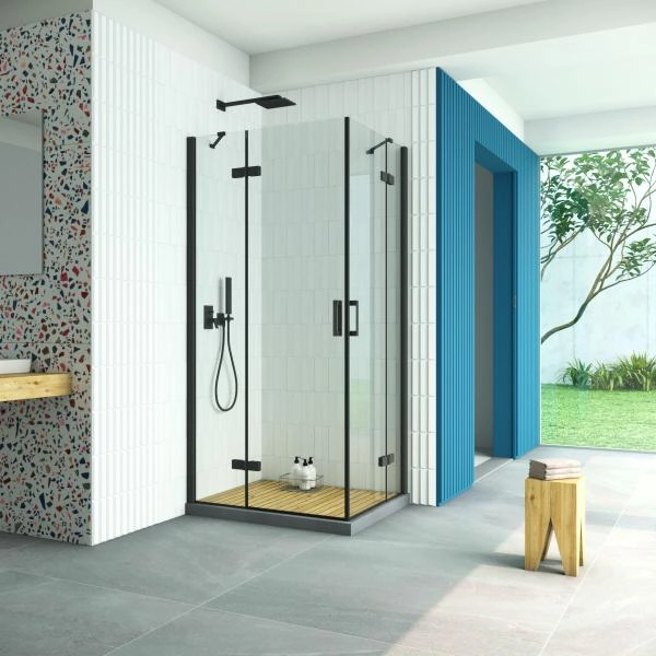 Душевой уголок Vegas-glass AFA-F Retta 90*80 02М 01 L, профиль черный матовый, стекло прозрачное