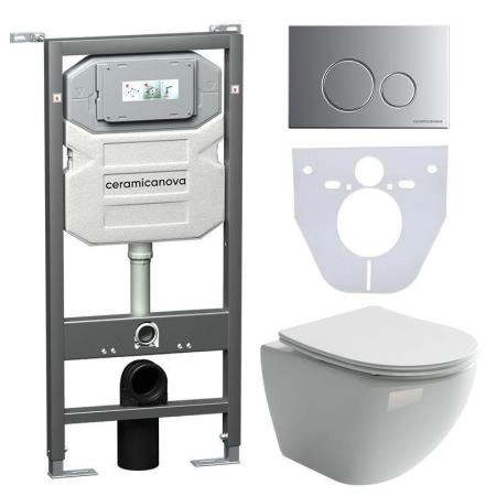 Сет 4 в 1: Подвесной унитаз Metropol Rimless арт. CN4002 + Шумоизоляционная панель для инсталляции арт. CN1000 + Система инсталляции для унитазов CERAMICANOVA Envision с кнопкой смыва Round цвет хром матовый и креплениями, арт. CN1001M
