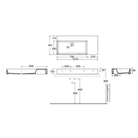 Azzurra Elegance Squared Раковина подвесная/накладная, 102x46xH12,5 см, правая, без отв., цвет: Bianco lucido