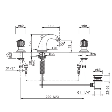 Nicolazzi Onice Смеситель для биде на 3 отвертствия с донным клапаном, излив: 119 мм, цвет: хром