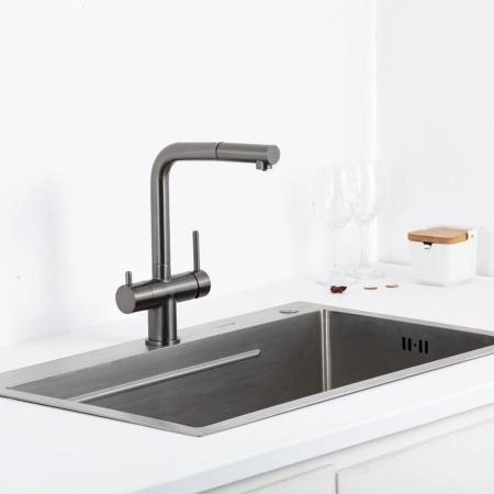 Смеситель GAPPO G4397-79 для кухни с выдвижным изливом и подключением фильтра, оружейная сталь
