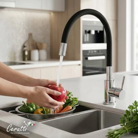Cмеситель для кухни CeruttiSPA АТЭНА H-B (ATENA H-B) из нержавеющей стали, цвет хром, излив черный