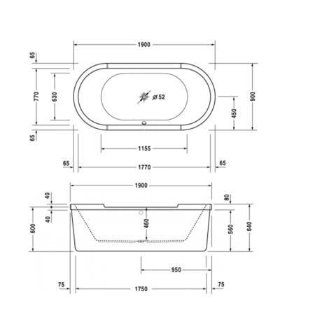 Duravit STARCK Ванна акриловая отдельностоящая 190x90см, с 2 наклонами для спины , с панелью и ножками, цвет: белый