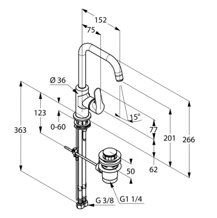 Смеситель Kludi Objekta 320230575 для раковины, управление сбоку, с донным клапаном