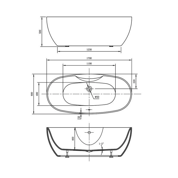 Ванна Vincea VBT-405B-1700 1700х800х580 цвет белый щелевой перелив