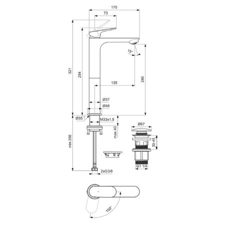 Ideal Standard Ceralife O Смеситель для раковины, на 1 отв., H24см., высокий, технология BlueStart, цвет: хром