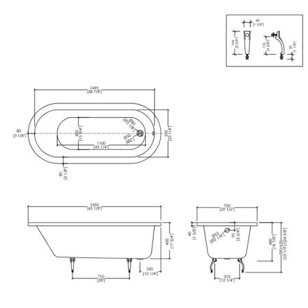 Devon Bayswater Ванна встроенная чугунная овальная  165x75xh46 cм, цвет: белый (с комплектом ножек)
