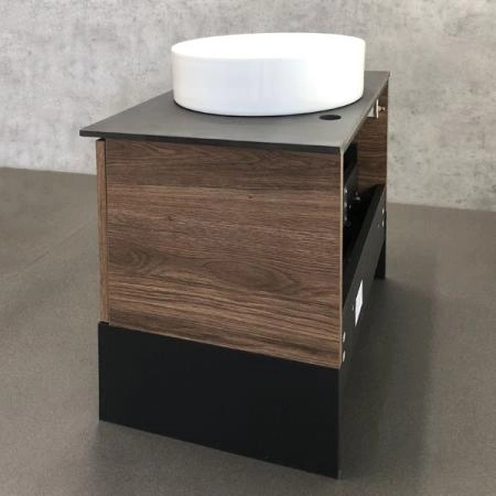 Тумба с раковиной Comforty Штутгарт-60 дуб тёмно-коричневый с черной столешницей