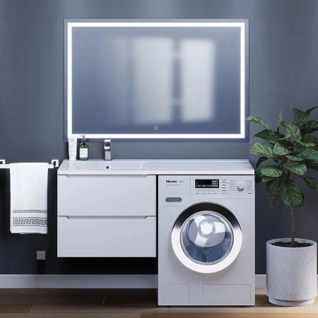 Тумба под стиральную машину Uperwood Tanos 60 см подвесная с раковиной Cosmos 120 см левая, белая