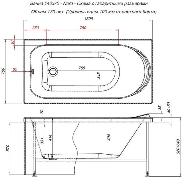 Акриловая ванна Aquanet Nord 140x70