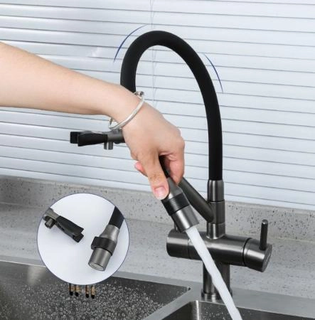 Смеситель Gappo G4398-89 для кухни с краном для фильтра оружейная сталь