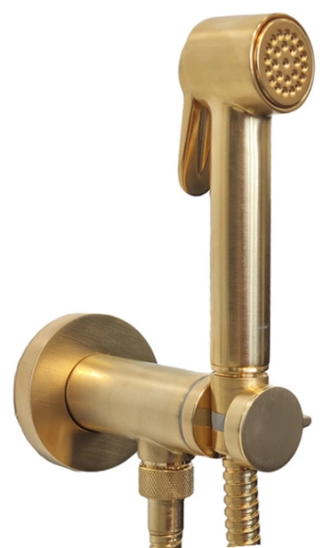 Bossini Paloma Brass Mixer Set гигиенический комплект: смеситель прогрессивный, душ с кнопкой подачи воды, шланг 1250 мм, держатель с шланговым подключением, цвет золото сатинированное