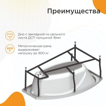 Акриловая ванна София 169х99 (правосторонняя), фронтальная панель, полотенцедержатель, каркас, слив-перелив автомат с сеточкой (хром, с сифоном)