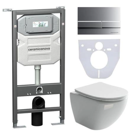 Сет 4 в 1: Подвесной унитаз Metropol Rimless арт. CN4002 + Шумоизоляционная панель для инсталляции арт. CN1000 + Система инсталляции для унитазов CERAMICANOVA Envision с кнопкой смыва Flat цвет хром матовый, креплениями, арт. CN1002M