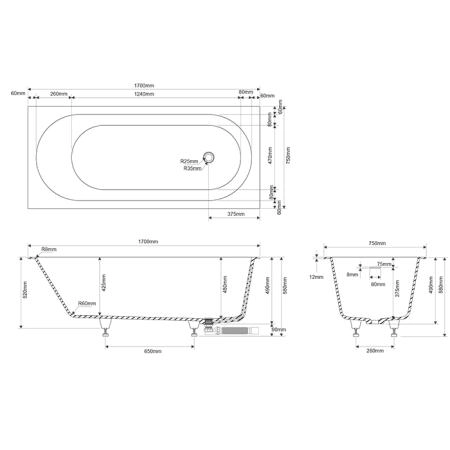 Dea Design Ease Ванна 170х75хh58см., встраиваемая, цвет: белый