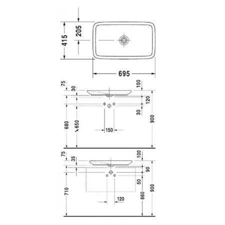 Duravit PuraVida Раковина 70x42см., накладная, без отв., без перелива, цвет: белый