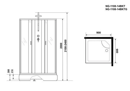 Душевая кабина Niagara NG-1108-14BKT 900х900х2100-2400 средний поддон 26см стекло матовое с полкой