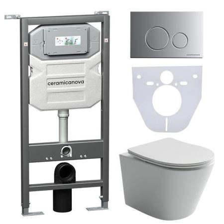 Сет 4 в 1: Подвесной унитаз Balearica Rimless арт. CN6000 + Шумоизоляционная панель для инсталляции арт. CN1000 + Система инсталляции для унитазов CERAMICANOVA Envision с кнопкой смыва Round цвет хром матовый и креплениями, арт. CN1001M