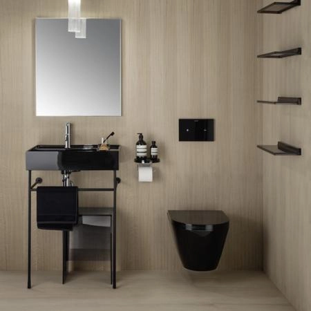 Laufen Kartell Раковина 600х460х120мм без перелива, с 1 отв. под смеситель, со скр сливом, полка справа, цвет: черный глянцевый