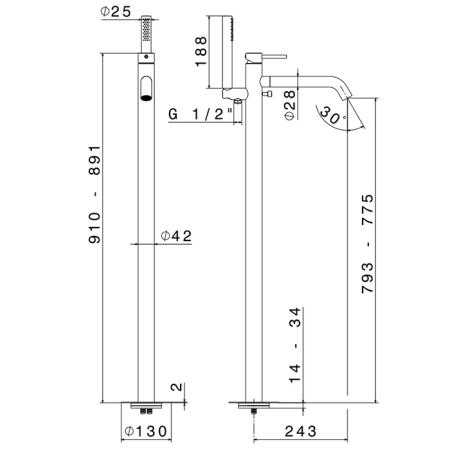 Newform X-STEEL 316 Смеситель для ванны напольный, излив 243 мм, в компл: руч. душ, шланг, без встр. части, цвет: PVD Brushed copper bronz