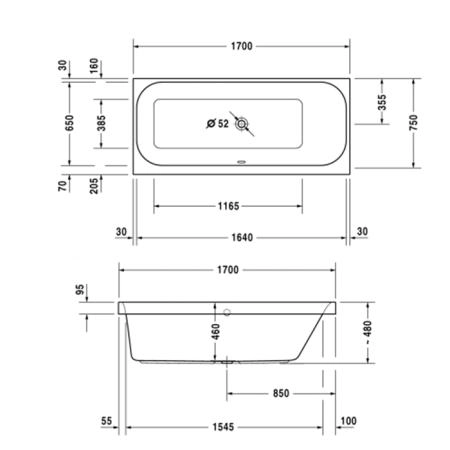 Duravit Happy D.2 Ванна акриловая  170х75x48см, прямоугольная .встраиваемая  версия , с наклоном для  спины справа, цвет: белый