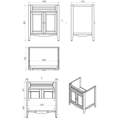 TW Veronica, База с раковиной Simas AR834bi*1 73*54см с 1отв. под смеситель , 2 расп. дверки, доводч. Blum, ручки: Riflesso бронза, цвет: noce