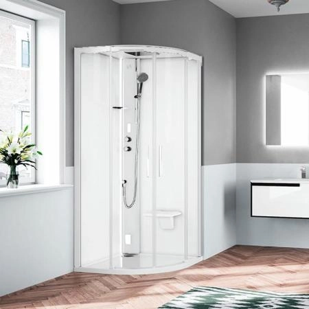 Novellini Glax Душевая кабина 90х90х224см., Standart с крышей , смеситель термостатический, Hammam и сиденье, цвет: белый матовый/стекла прозрачные