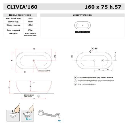 Gruppo Treesse Clivia Ванна 160х75х57 см, из композита, отдельностоящая, со щелевым переливом, цвет: белый глянцевый