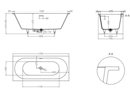 Ванна Salini ORNELLA AXIS 170x75 S-Sense покраска RAL глянцевая 103513GF