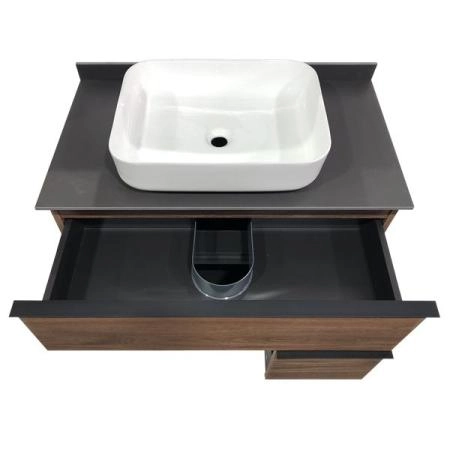 Тумба с раковиной Comforty Штутгарт-90 дуб тёмно-коричневый с антрацитовой столешницей