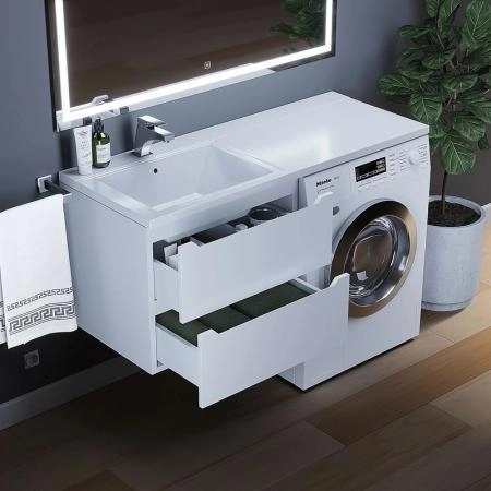 Тумба под стиральную машину Uperwood Tanos 60 см подвесная с раковиной Cosmos 120 см левая, белая