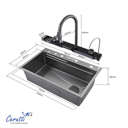 Многофункциональная кухонная мойка CeruttiSPA ГЛОРИЯ (GLORIA) Pro nano black (графит) из нержавеющей стали (750х460х230)