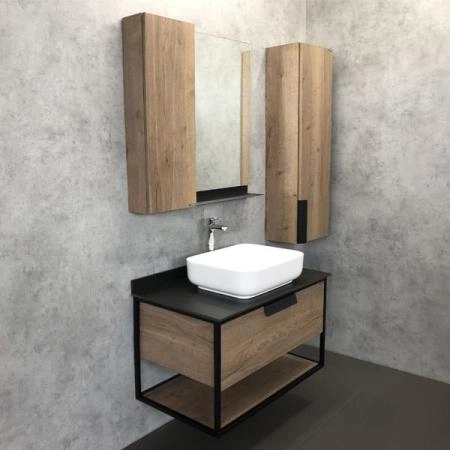 Тумба с раковиной Comforty Кёльн-90-1 дуб темный с черной столешницей