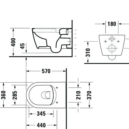 Duravit ME by Starck Унитаз подвесной Rimless без смывного края, свкл. крепление Durafix, 4,5л. с HygieneGlaze, 37х57см., цвет: белый