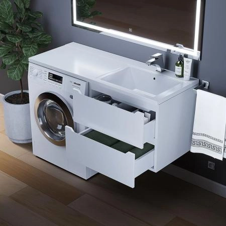 Тумба под стиральную машину Uperwood Tanos 60 см подвесная с раковиной Cosmos 120 см правая, белая