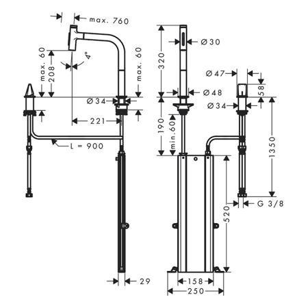 Hansgrohe Metris Select Кухонный смеситель 200, на 2 отв, с вытяжным изливом 2jet, цвет: шлифованный черный хром