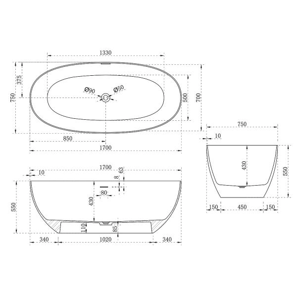 Ванна Vincea VBT-6S01MG 1700х750х550 Solid Surface серый/белый матовый