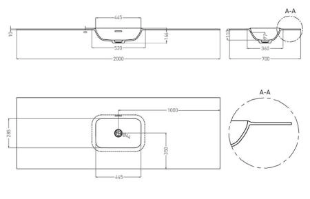 Раковина Salini ONDA EDGE ROUND S-Stone матовая 200x70 14022051MN столешница без отв.смесителя