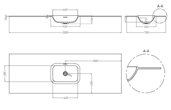 Раковина Salini ONDA EDGE ROUND S-Stone матовая 200x70 14022051MN столешница без отв.смесителя
