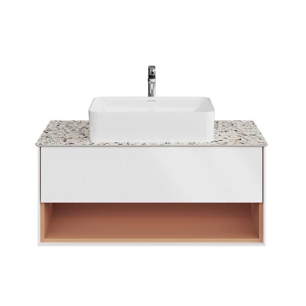 Тумба Plaza Modern/Плаза Модерн подвесная 100, нажимное открывание, 1 ящик, подсветка, белая матовая+сахара