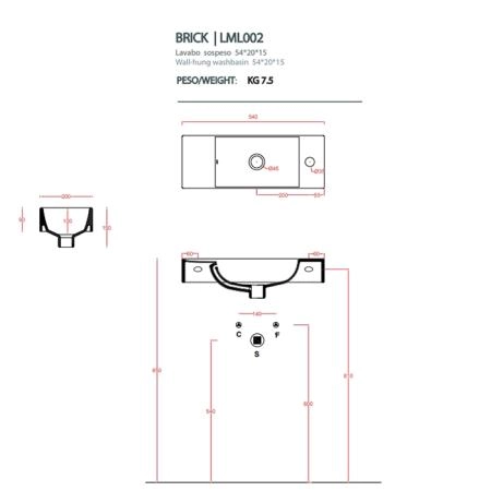Artceram LAVAMANI BRICK  Раковина подвесная 20х54 см, с 1 отв под смеситель, со слив переливом, цвет белый.