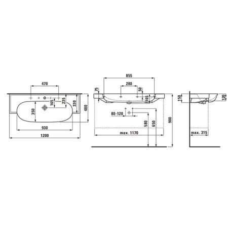 Laufen New Classic Раковина накладная 120х48х7.5см, с 3 отв., с переливом, цвет: белый матовый