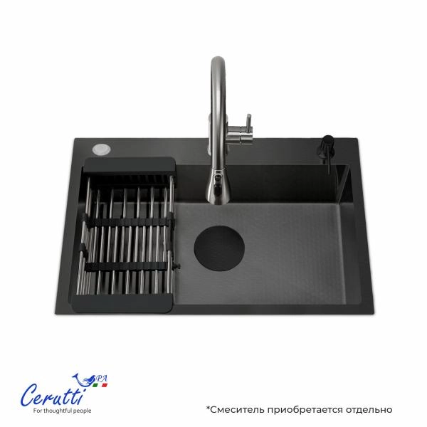 Кухонная мойка CeruttiSPA ГЛОРИЯ (GLORIA) 60B nano black (графит) из нержавеющей стали (600х500х220)
