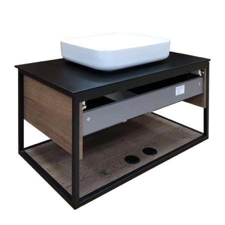 Тумба с раковиной Comforty Кёльн-90-1 дуб темный с черной столешницей