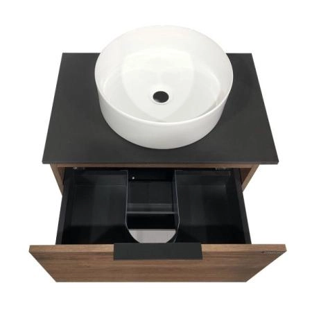 Тумба с раковиной Comforty Штутгарт-60 дуб тёмно-коричневый с черной столешницей