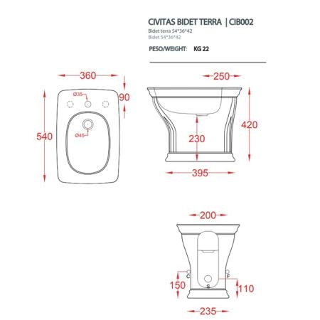 Artceram Civitas Биде напольное 36x54 cм, 1 отверстие, цвет: серый