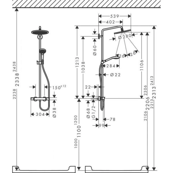 Душевая система Hansgrohe 26890990 Croma Select S для душа, термостат D280/100 мм, 1/3 режима полированное золото
