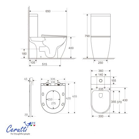 Унитаз напольный CeruttiSPA TADDEO Tornado CT12035 безободковый (650х360х790)