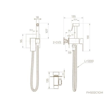 Гигиенический душ KNOTLOR MIST FHS02C1GM, со смесителем встраиваемый вороненая сталь