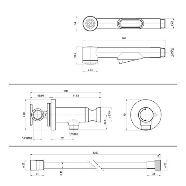 BOSSINI MACAN Гигиенический душ с прогрессивным смесителем, лейка пластиковая, шланг Cromolux 125 см, цвет хром